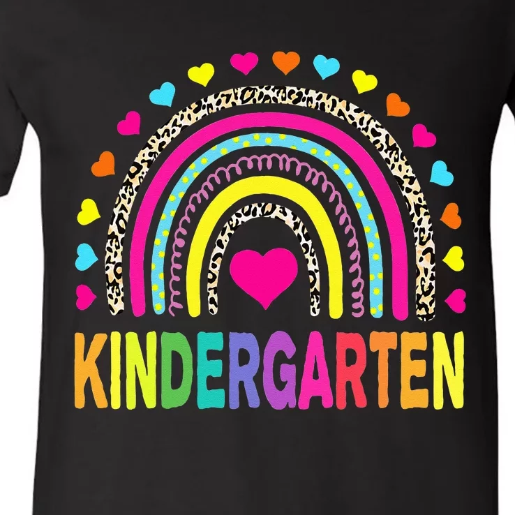 Leopard Rainbow Kindergarten Teacher First Day of School V-Neck T-Shirt