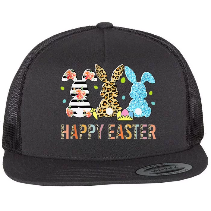 Leopard Rabbit Lover Happy Easter Day Flat Bill Trucker Hat