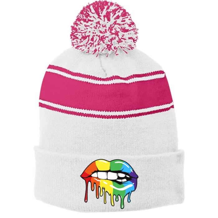 Lgbt Rainbow Lip Pro Pride Month Stripe Pom Pom Beanie