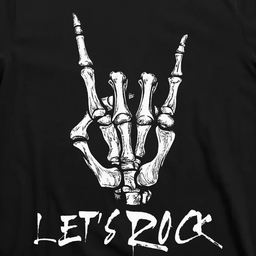 Lets Rock On Band Rock And Roll Skeleton Hand Graphic T-Shirt