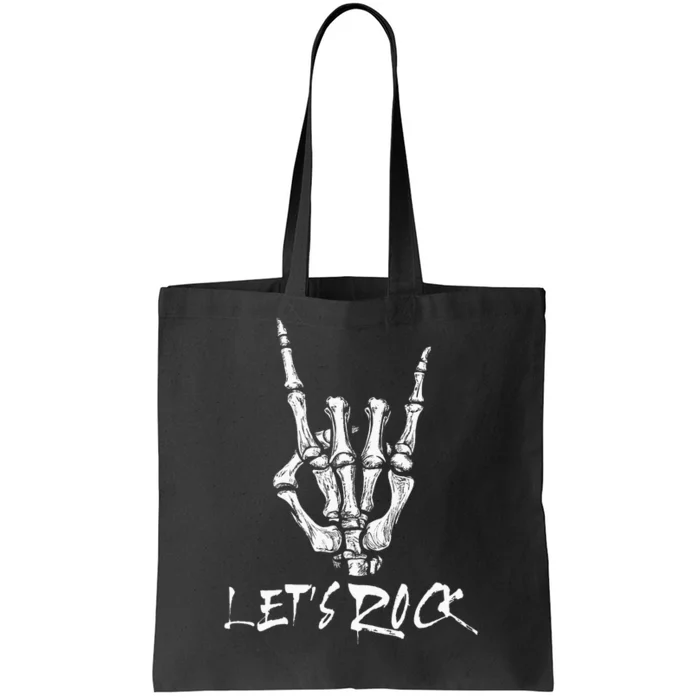 Lets Rock On Band Rock And Roll Skeleton Hand Graphic Tote Bag