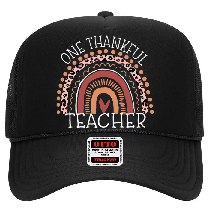 Leopard Rainbow One Thankful Teacher Thanksgiving Christmas High Crown Mesh Trucker Hat