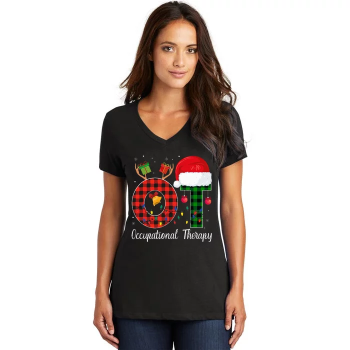 Lights Red Plaid OT Therapist christmas 2024 Women's V-Neck T-Shirt