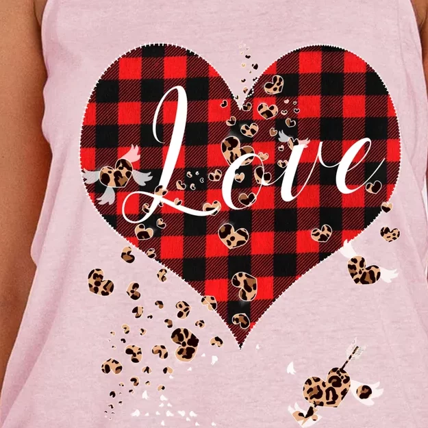 Love Red Plaid Leopard Hearts Tee 1970s Cute Valentines Day Funny Gift Women's Knotted Racerback Tank