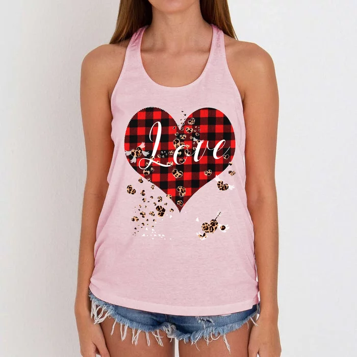 Love Red Plaid Leopard Hearts Tee 1970s Cute Valentines Day Funny Gift Women's Knotted Racerback Tank