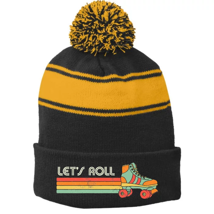 Lets Roll Roller Skating Skater Skate Retro Vintage 70s 80s Stripe Pom Pom Beanie