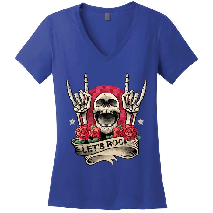 Lets Rock Rock And Roll Skeleton Hand Vintage Retro Rock Concert Gift Women's V-Neck T-Shirt