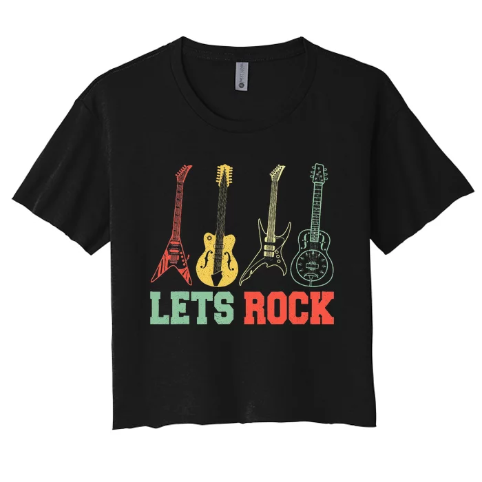 Lets Rock Rock N Roll Guitar Retro Women's Crop Top Tee