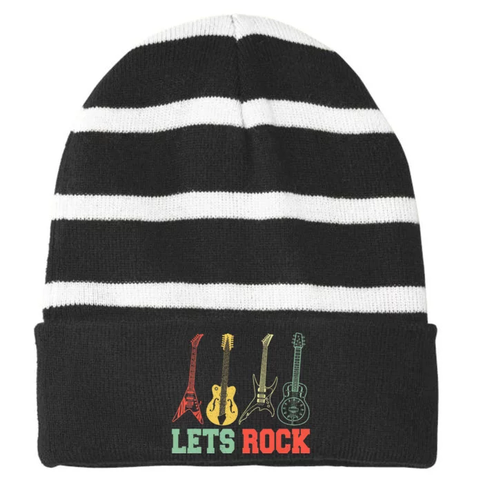 Lets Rock Rock N Roll Guitar Retro Striped Beanie with Solid Band