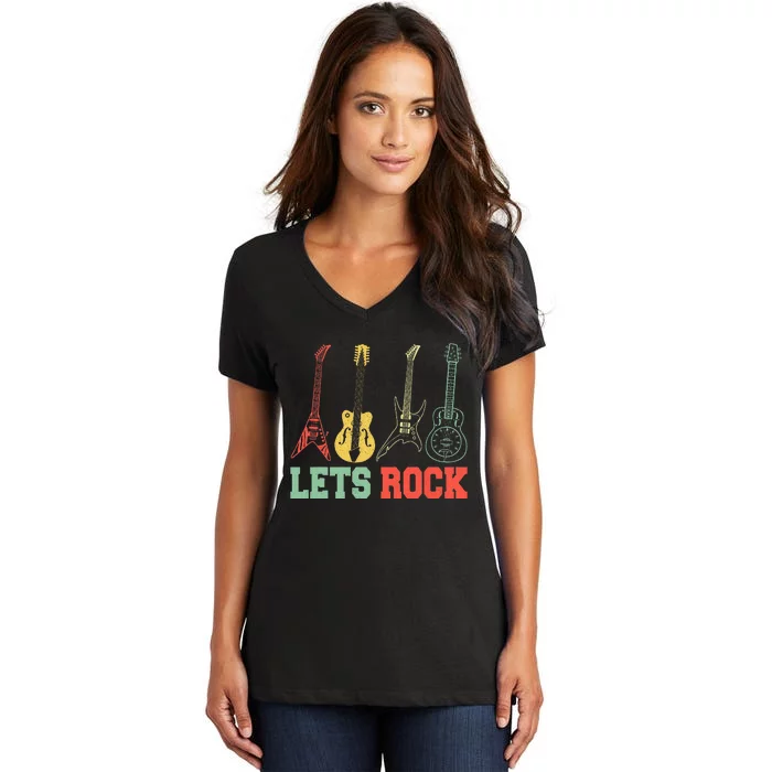 Lets Rock Rock N Roll Guitar Retro Women's V-Neck T-Shirt