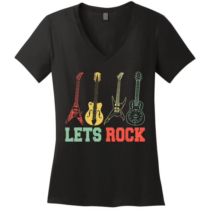 Lets Rock Rock N Roll Guitar Retro Women's V-Neck T-Shirt