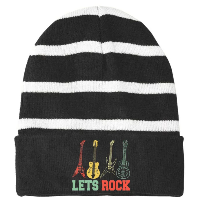 Lets Rock Rock N Roll Guitar Retro Striped Beanie with Solid Band