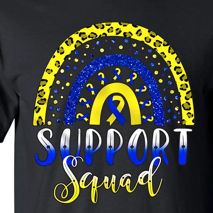 Leopard Rainbow Support Squad T21 Down Syndrome Boho Rainbow Yellow Blue Ribbon Tall T-Shirt