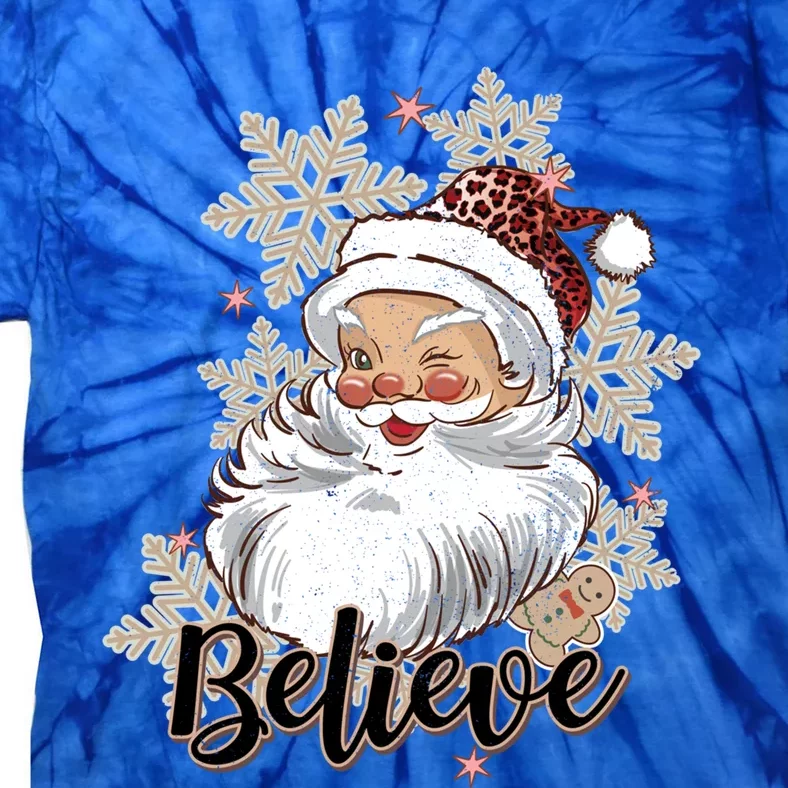 Leopard Retro Santa Claus Snowflake Cookie Believe Christmas Funny Gift Tie-Dye T-Shirt