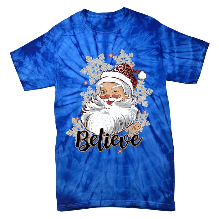 Leopard Retro Santa Claus Snowflake Cookie Believe Christmas Funny Gift Tie-Dye T-Shirt