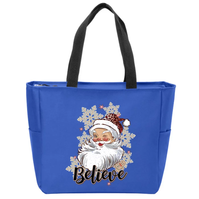 Leopard Retro Santa Claus Snowflake Cookie Believe Christmas Funny Gift Zip Tote Bag