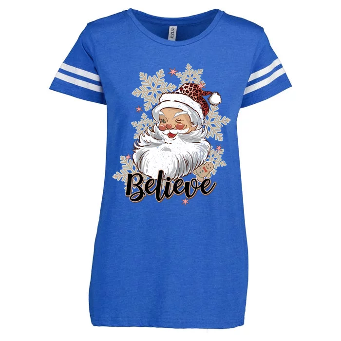 Leopard Retro Santa Claus Snowflake Cookie Believe Christmas Funny Gift Enza Ladies Jersey Football T-Shirt