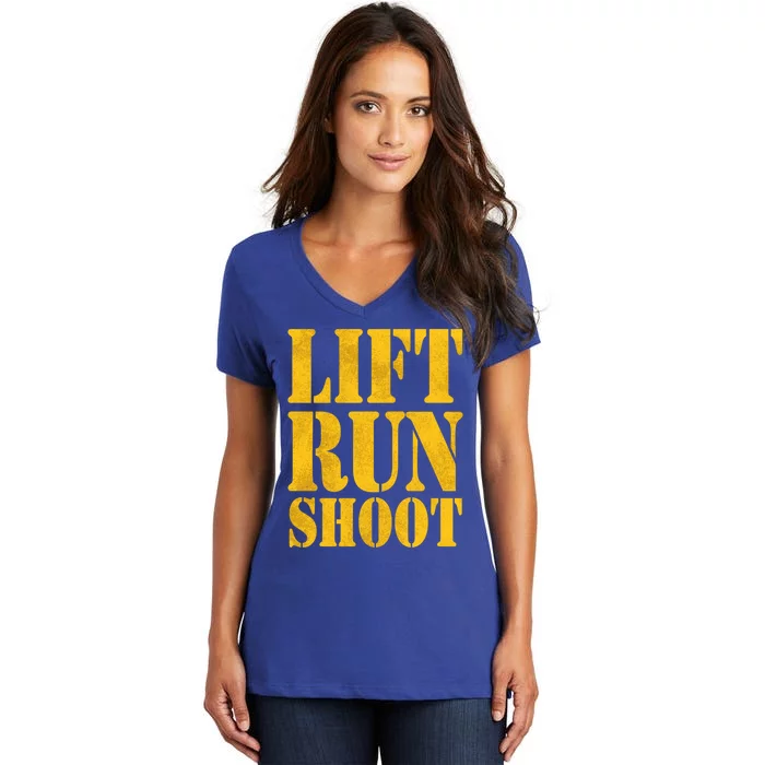 Lift Run Shoot Military Police Operator Fitness Gym Day Gift Women's V-Neck T-Shirt