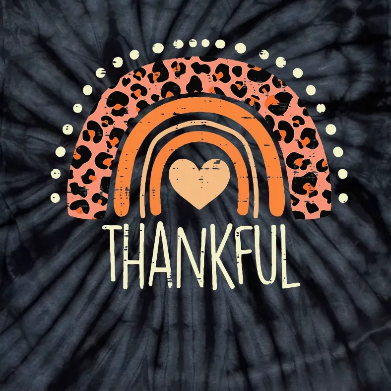 Leopard Rainbow Thankful Thanksgiving Teacher Women Tie-Dye T-Shirt