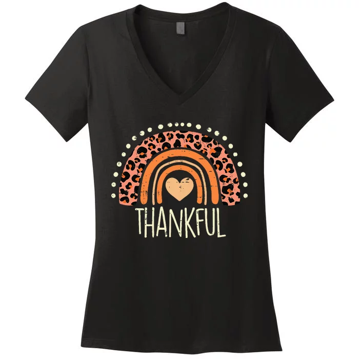 Leopard Rainbow Thankful Thanksgiving Teacher Women's V-Neck T-Shirt