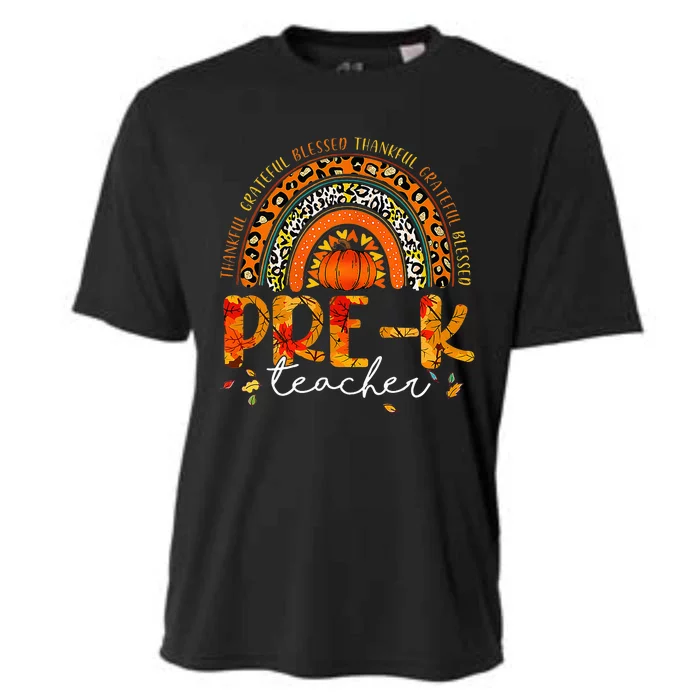 Leopard Rainbow Thankful Pre K Teacher Fall Thanksgiving Cooling Performance Crew T-Shirt