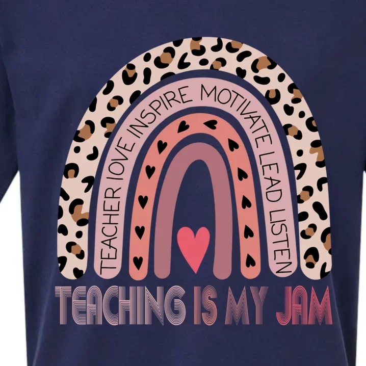 Leopard Rainbow Teacher Inspirational Teaching Is My Jam Funny Gift Sueded Cloud Jersey T-Shirt