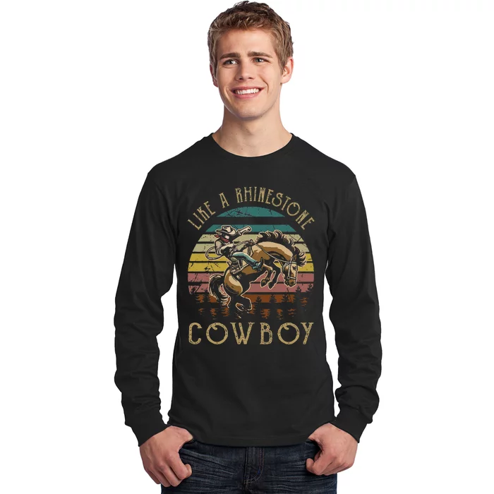 Like Rhinestones Vintage Art Western Horses Riding Cowboy Gift Long Sleeve Shirt