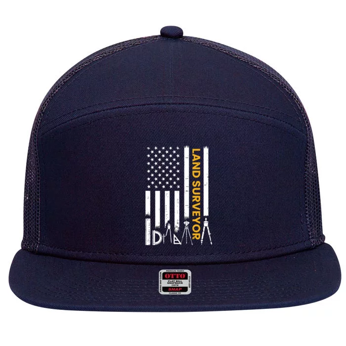 Land Surveyor American Flag Funny Land Surveyor 7 Panel Mesh Trucker Snapback Hat