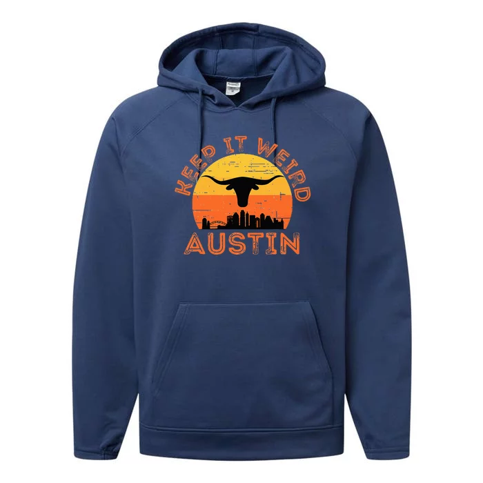 Longhorn Sunset Austin Texas Keep It Weird Gift Performance Fleece Hoodie