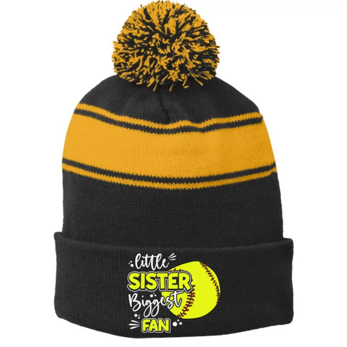 Little Sister Biggest Fan Softball Softball Stripe Pom Pom Beanie