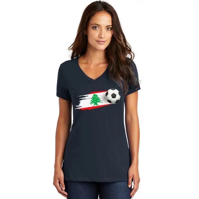 Lebanon Soccer Ball Lebanon Flag Jersey Lebanon Football Women's V-Neck T-Shirt