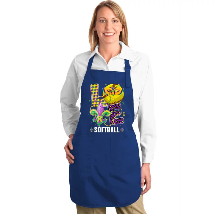 Love Softball Ball Leopard Mardi Gras Fat Tuesday Parade Gift Full-Length Apron With Pocket