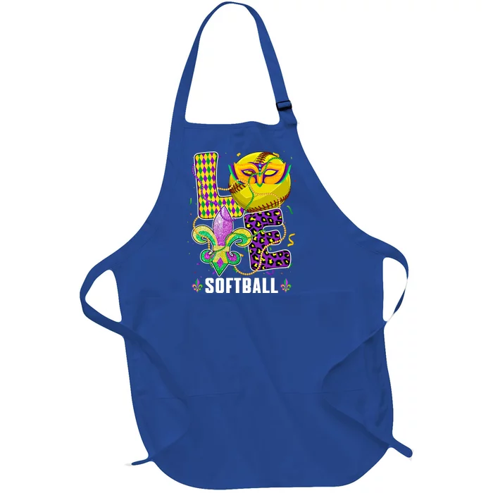 Love Softball Ball Leopard Mardi Gras Fat Tuesday Parade Gift Full-Length Apron With Pocket