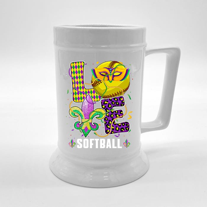 Love Softball Ball Leopard Mardi Gras Fat Tuesday Parade Gift Front & Back Beer Stein