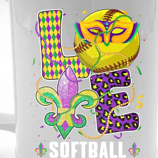 Love Softball Ball Leopard Mardi Gras Fat Tuesday Parade Gift Front & Back Beer Stein