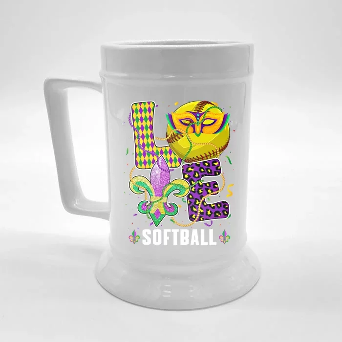 Love Softball Ball Leopard Mardi Gras Fat Tuesday Parade Gift Front & Back Beer Stein