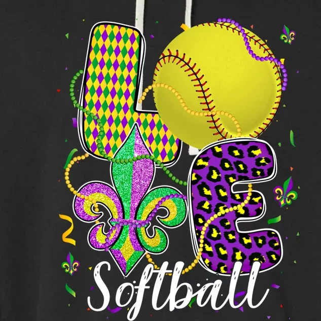 Love Softball Ball And Fleur De Lis Beads Fat Tuesday Parade Cool Gift Garment-Dyed Fleece Hoodie