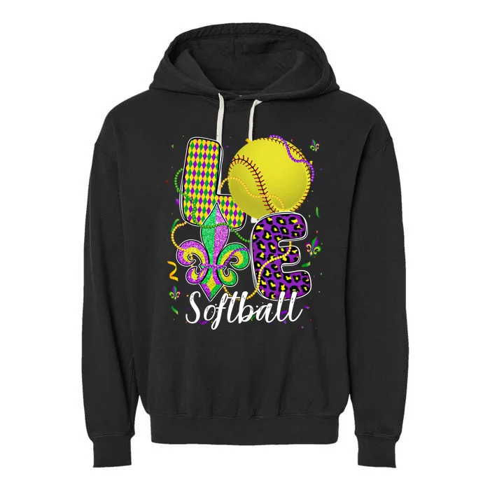 Love Softball Ball And Fleur De Lis Beads Fat Tuesday Parade Cool Gift Garment-Dyed Fleece Hoodie