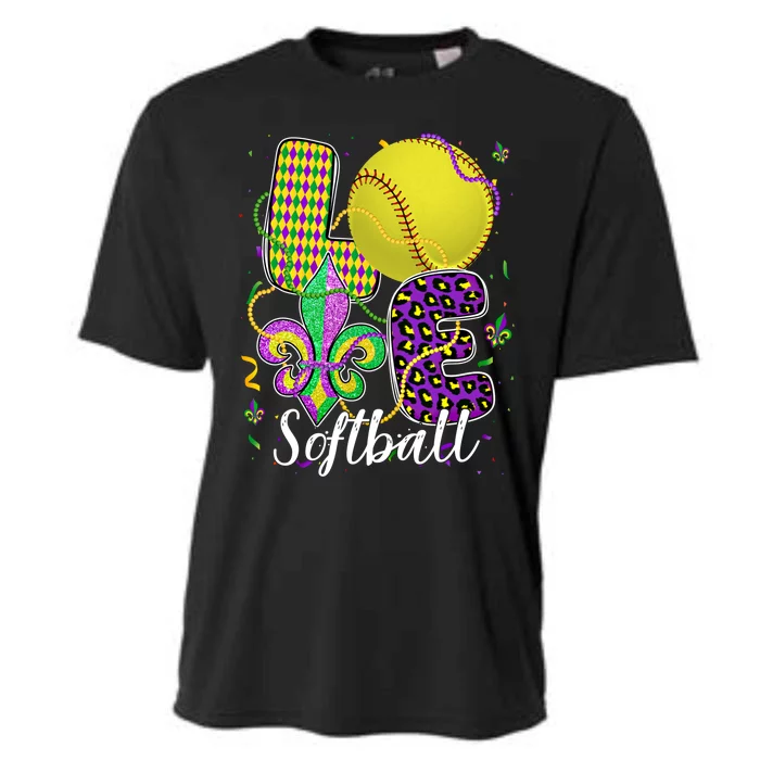 Love Softball Ball And Fleur De Lis Beads Fat Tuesday Parade Cool Gift Cooling Performance Crew T-Shirt