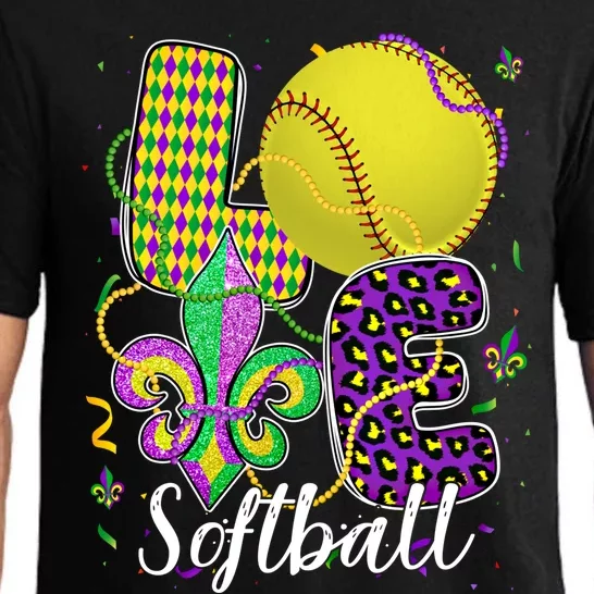 Love Softball Ball And Fleur De Lis Beads Fat Tuesday Parade Cool Gift Pajama Set