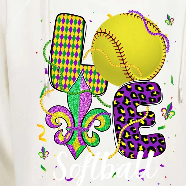 Love Softball Ball And Fleur De Lis Beads Fat Tuesday Parade Cool Gift Womens Funnel Neck Pullover Hood