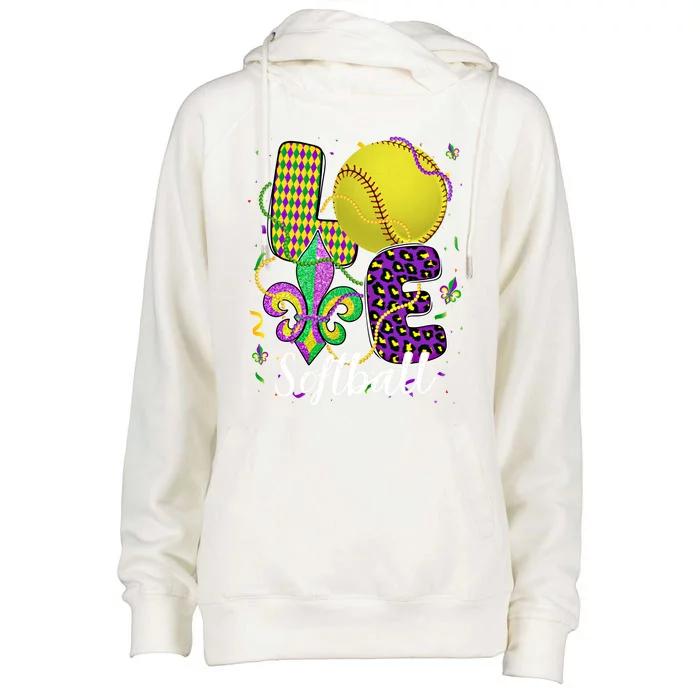 Love Softball Ball And Fleur De Lis Beads Fat Tuesday Parade Cool Gift Womens Funnel Neck Pullover Hood