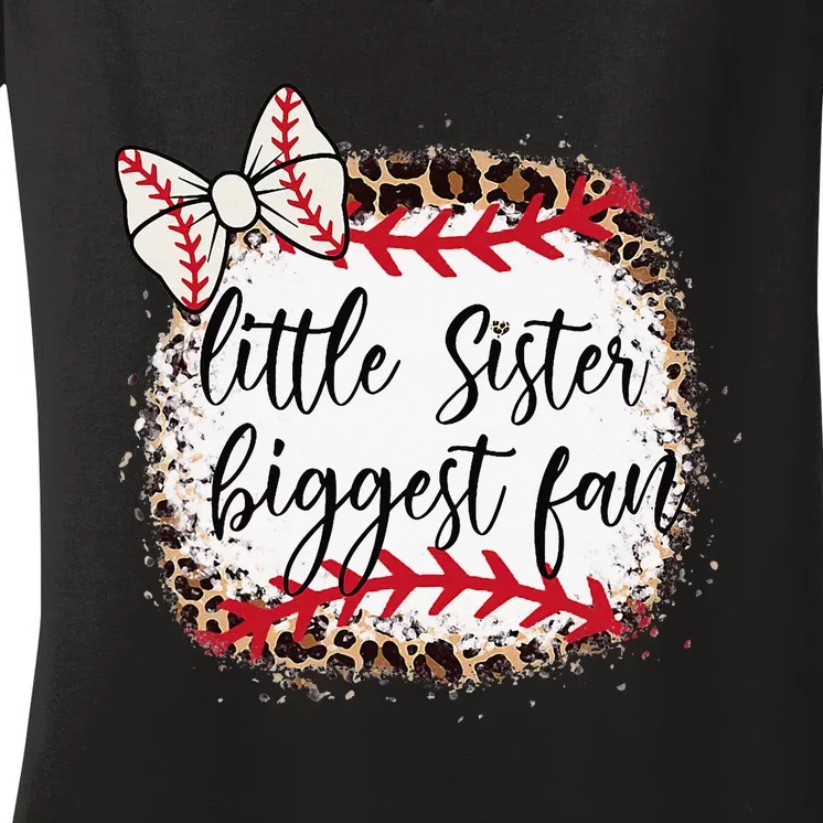 Little Sister Biggest Fan Baseball Leopard Baby Sister Women's V-Neck T-Shirt