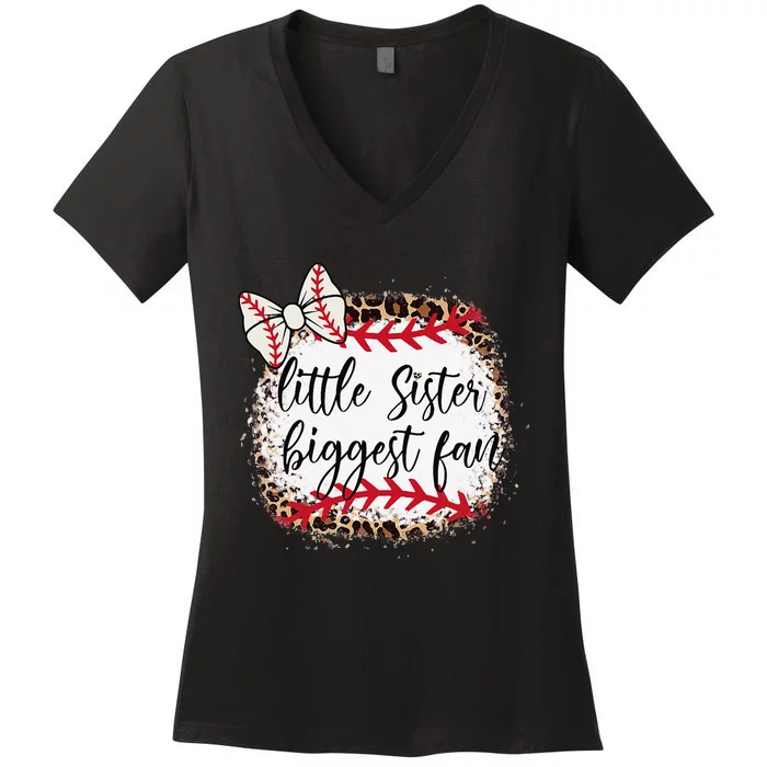 Little Sister Biggest Fan Baseball Leopard Baby Sister Women's V-Neck T-Shirt