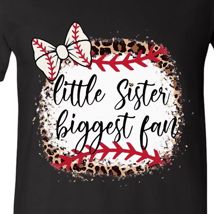 Little Sister Biggest Fan Baseball Leopard Baby Sister V-Neck T-Shirt