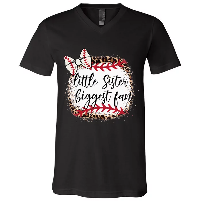 Little Sister Biggest Fan Baseball Leopard Baby Sister V-Neck T-Shirt