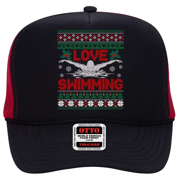 Love Swimming Funny Christmas Ugly Christmas Sweater Great Gift High Crown Mesh Trucker Hat