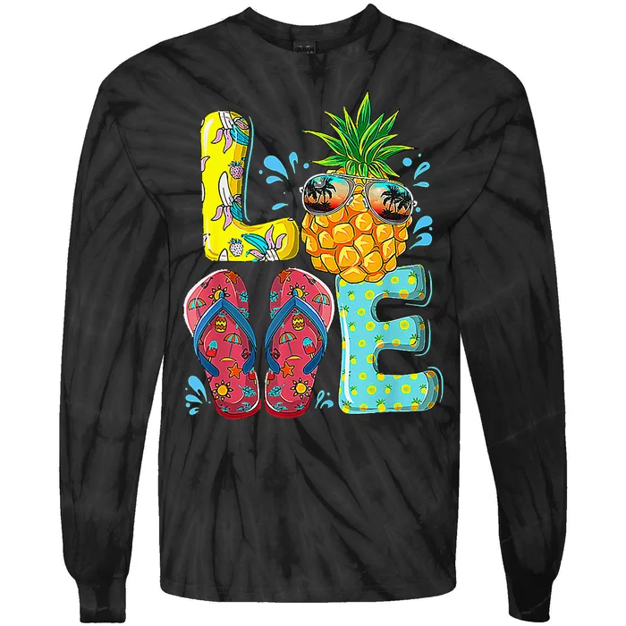 Love Summer Flip Flops Pineapple Tropical Fruit Beach Lovers Tie-Dye Long Sleeve Shirt