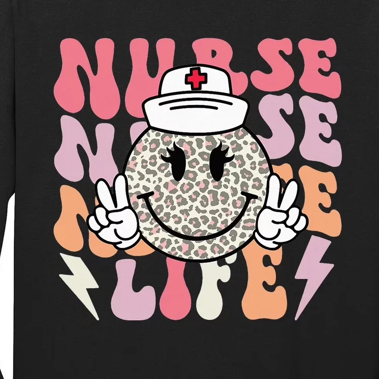 Leopard Smile Face RN Nurse Life Nursing School Nurse Week Tall Long Sleeve T-Shirt