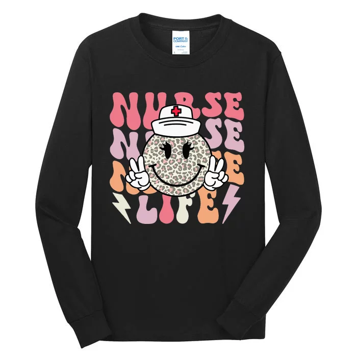 Leopard Smile Face RN Nurse Life Nursing School Nurse Week Tall Long Sleeve T-Shirt